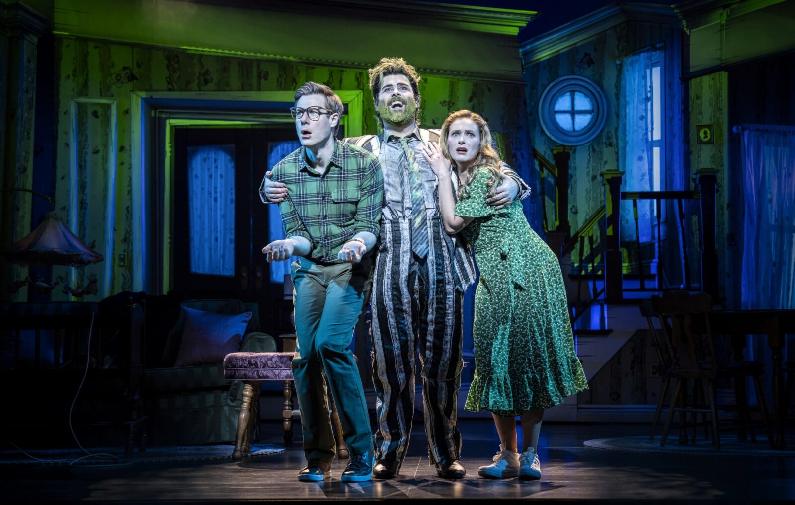 David Hunter (Adam Maitland), David Fynn (Beetlejuice), Chelsea Halfpenny (Barbara Maitland) &copy; Johan Persson